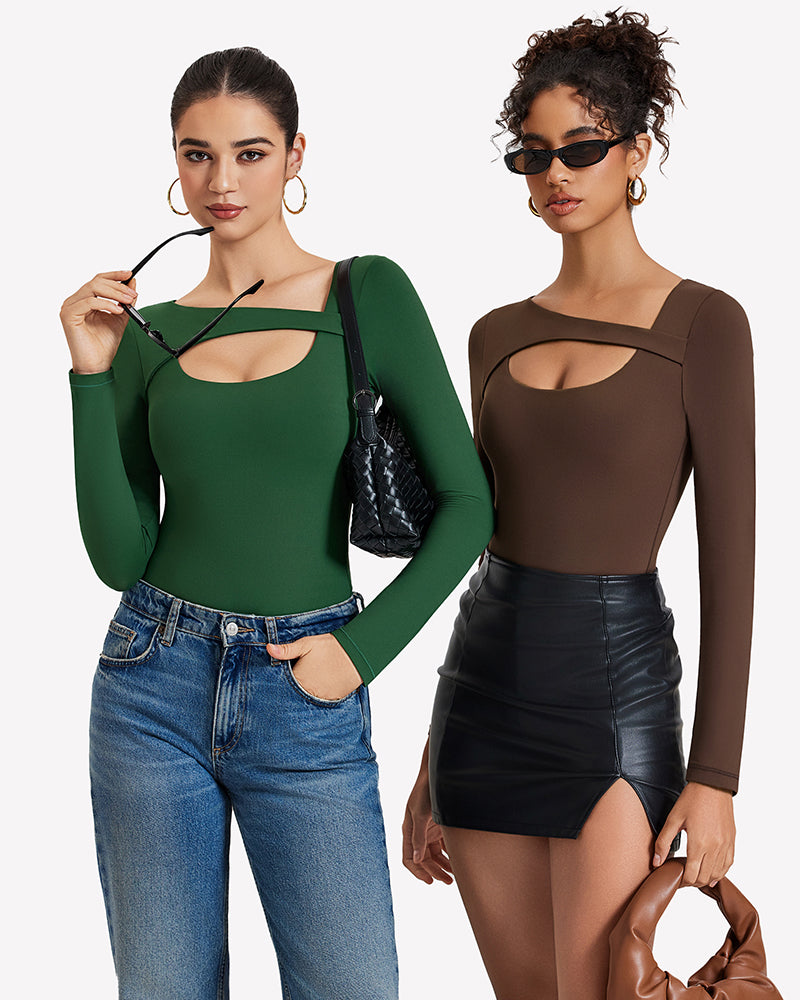 Green and brown long-sleeve cutout shapewear bodysuits with chest openings.