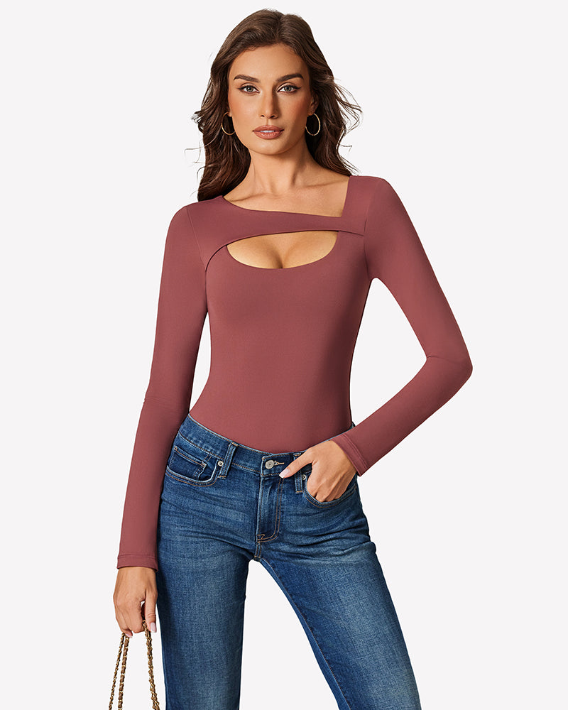Purple long-sleeve cutout bodysuit with oval neckline and sculpting fit