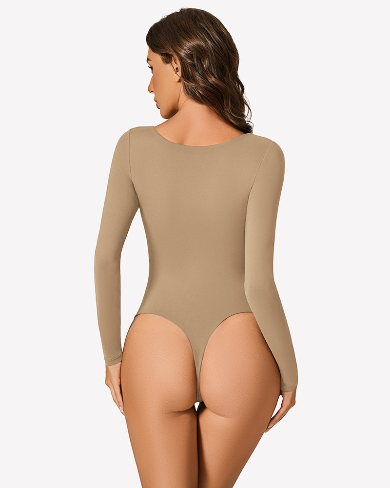 Khaki long-sleeve cutout bodysuit, back view with full rear coverage