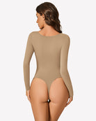 Khaki long-sleeve cutout bodysuit, back view with full rear coverage