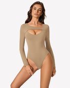 Khaki long-sleeve cutout bodysuit with oval chest opening