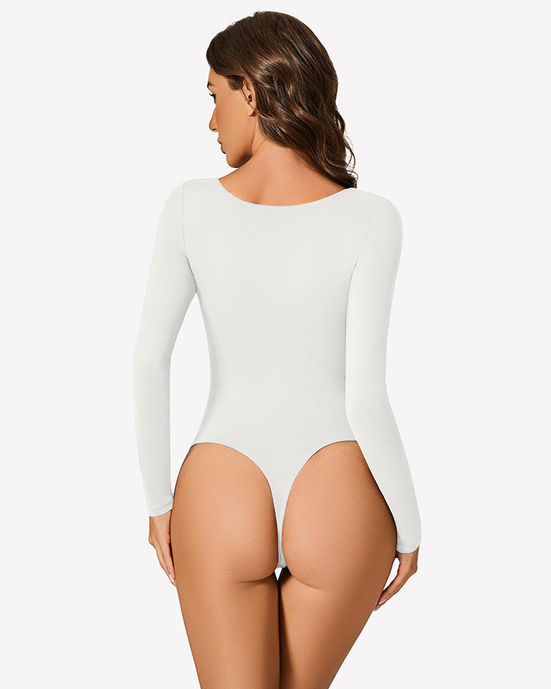 White long-sleeve cutout bodysuit, back view with full rear coverage