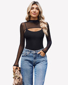 Black long-sleeve bodysuit with sheer mesh sleeves and chest cutout