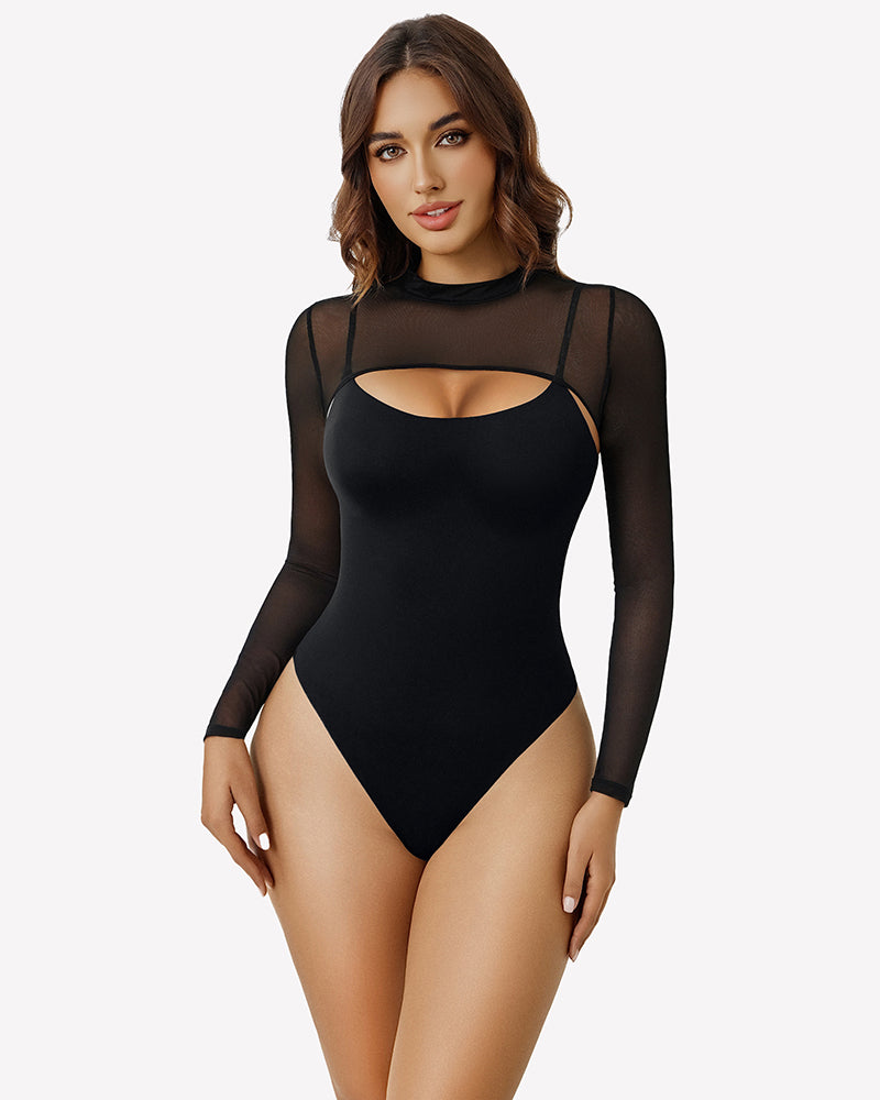 Black long-sleeve bodysuit with sheer sleeves and chest cutout