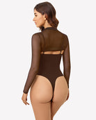 Brown long-sleeve bodysuit with sheer back panel and high-cut legs