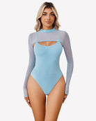 Light blue long-sleeve bodysuit with sheer sleeves and chest cutout