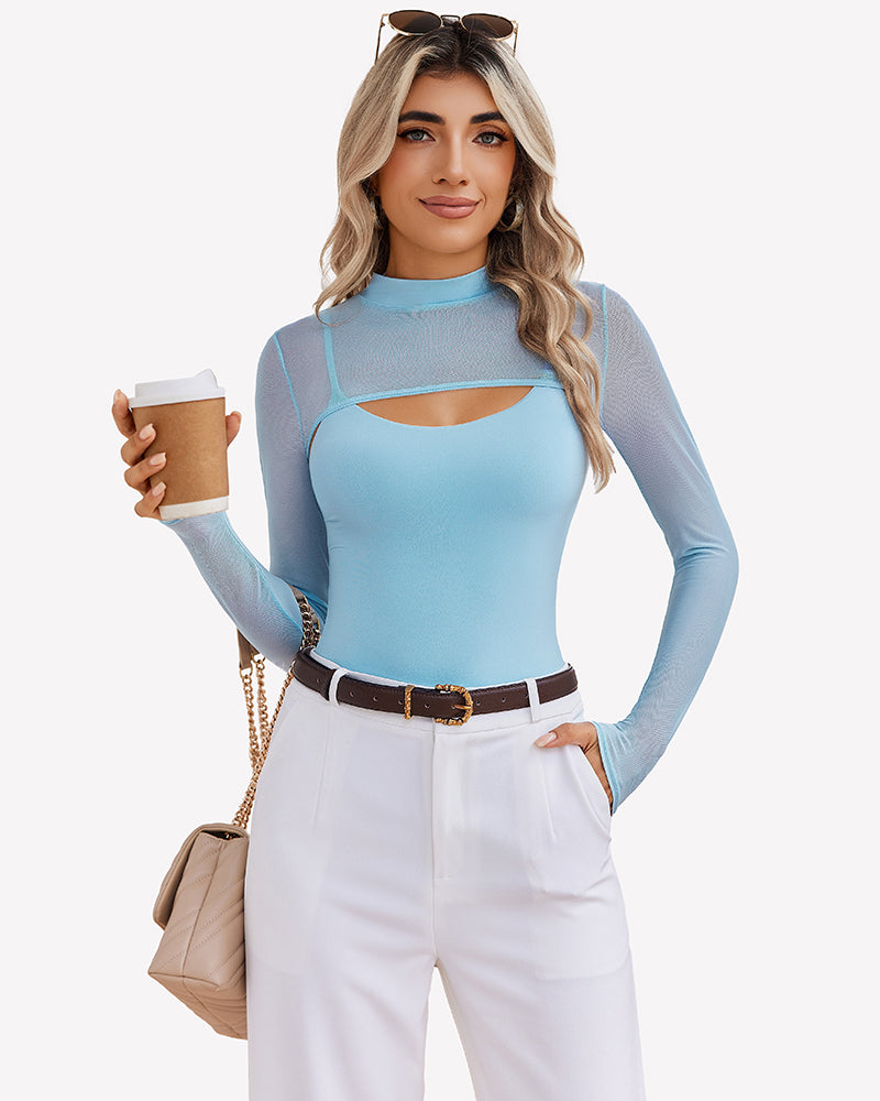 Light blue long-sleeve bodysuit with sheer sleeves and chest cutout