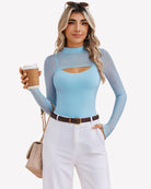 Light blue long-sleeve bodysuit with sheer sleeves and chest cutout