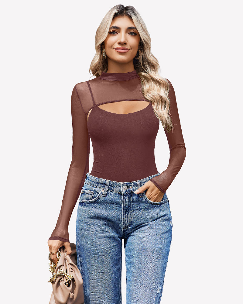 Dark brown long-sleeve bodysuit with sheer sleeves and chest cutout