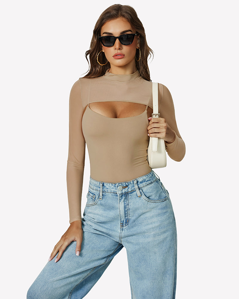 Khaki long-sleeve bodysuit with chest cutout and thong bottom