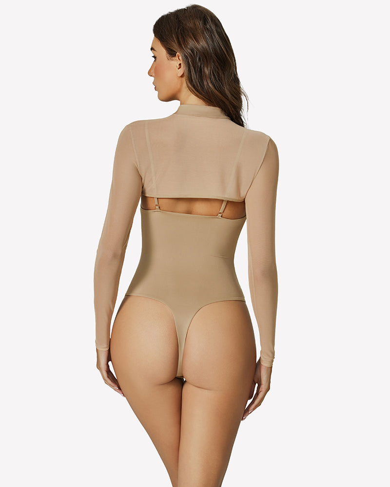 Khaki long-sleeve backless bodysuit with thong bottom and spine seam