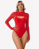 Red long-sleeve cutout bodysuit with high neckline
