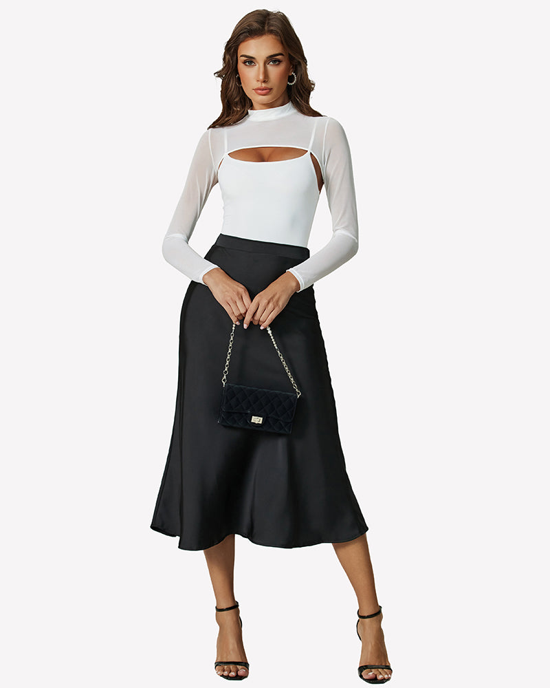 White cutout bodysuit set with black midi skirt