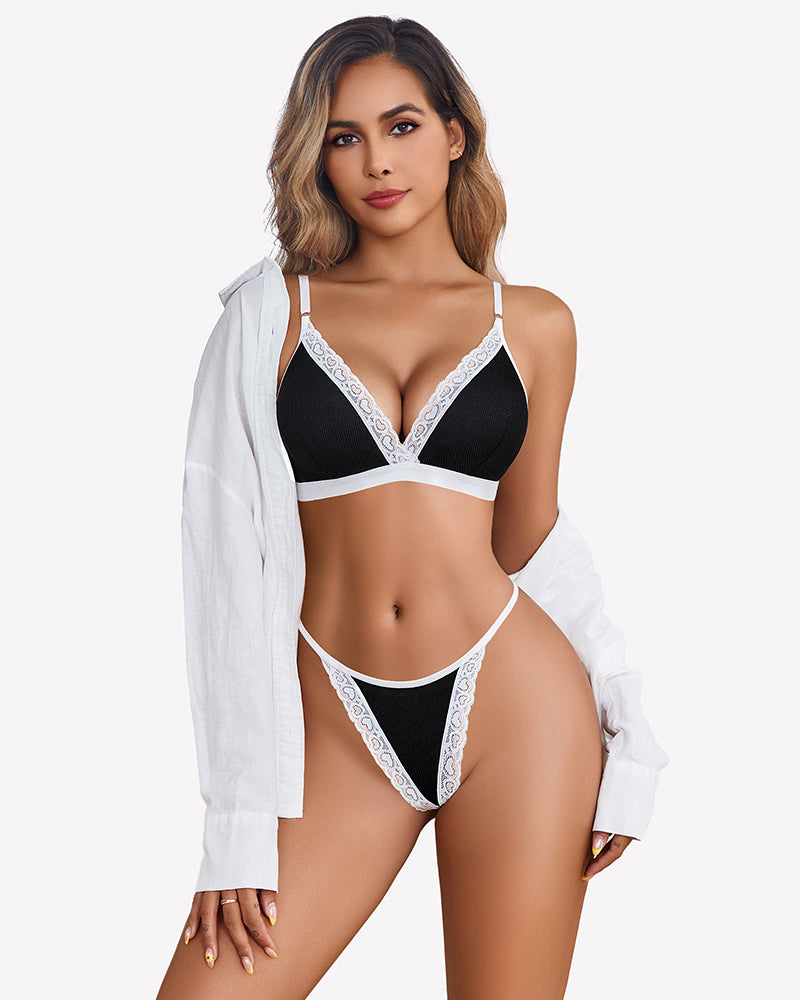 Ribbed bra and g-string set, black with white lace trim, front view