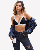 Ribbed bra and g-string set, black with white lace trim, front view