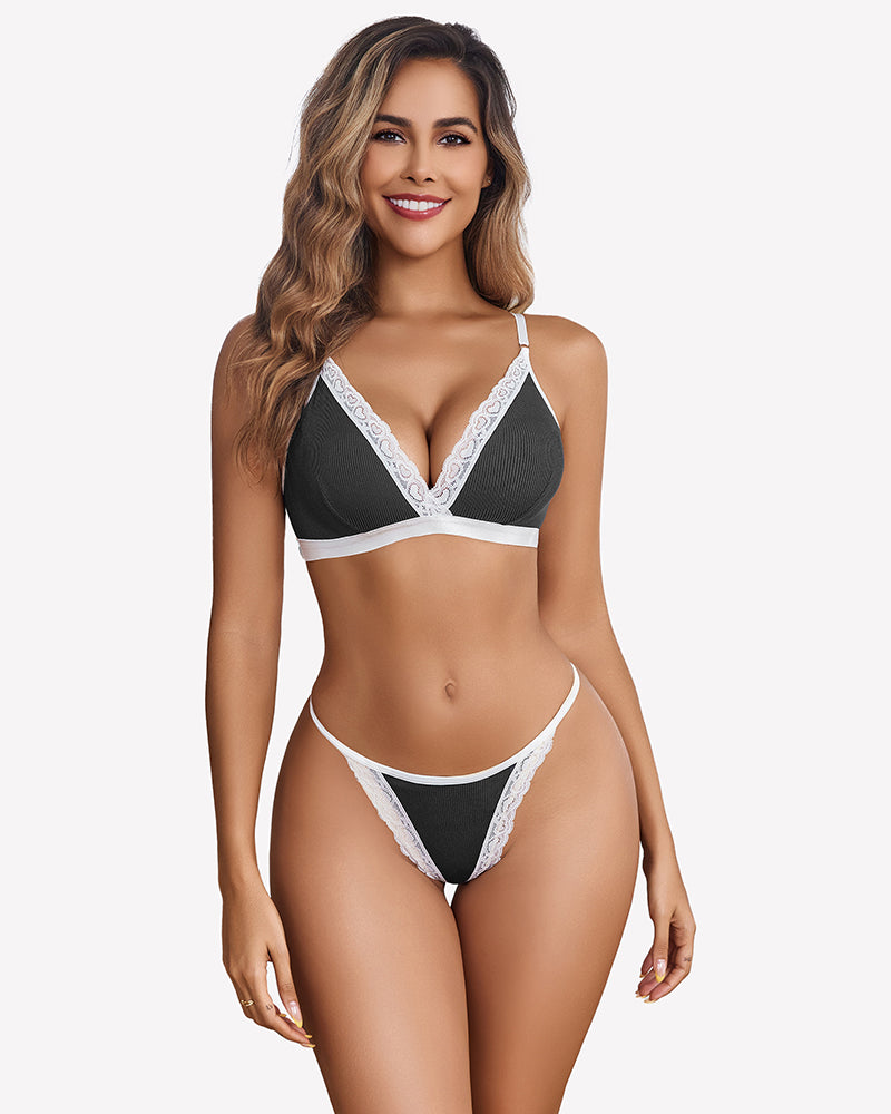 Ribbed bra and g-string set, dark gray with white lace trim, front view