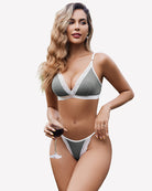 Ribbed bra and g-string set, gray with white lace trim, front view