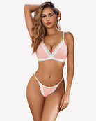 Ribbed bra and g-string set, pink with white lace trim, front view
