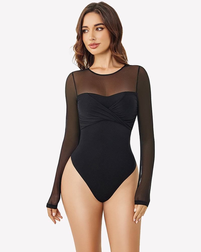 Black sheer long sleeve leotard with twist knot front and high-cut legs