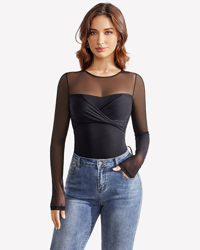 Black sheer long sleeve leotard with twist knot front and high-cut leg