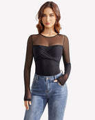 Black sheer long sleeve leotard with twist knot front and high-cut leg