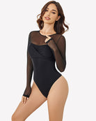 Black sheer long sleeve leotard with twist knot front and high-cut leg
