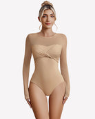 Nude sheer long sleeve leotard with twist knot front and high-cut legs