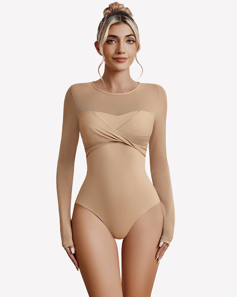 Nude sheer long sleeve leotard with twist knot front and high-cut legs
