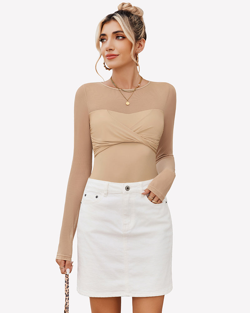 Nude sheer long sleeve leotard top with front twist knot detail
