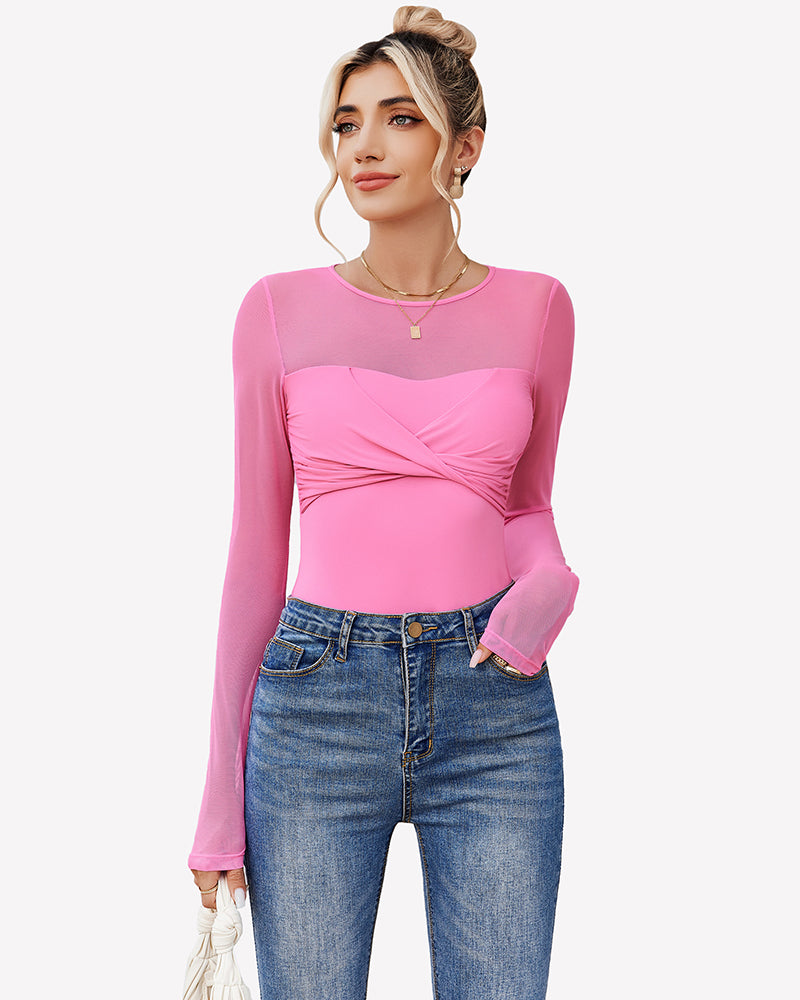 Pink sheer long sleeve leotard top with front twist knot