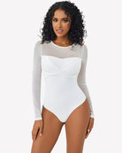 White sheer long sleeve leotard top with front twist knot