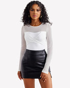 White sheer long sleeve leotard top with twist knot front
