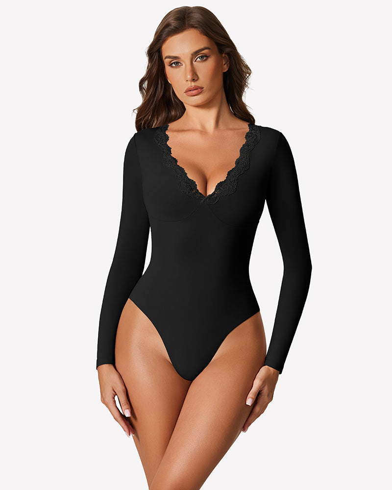 Black long-sleeve lace V-neck leotard with scalloped lace neckline