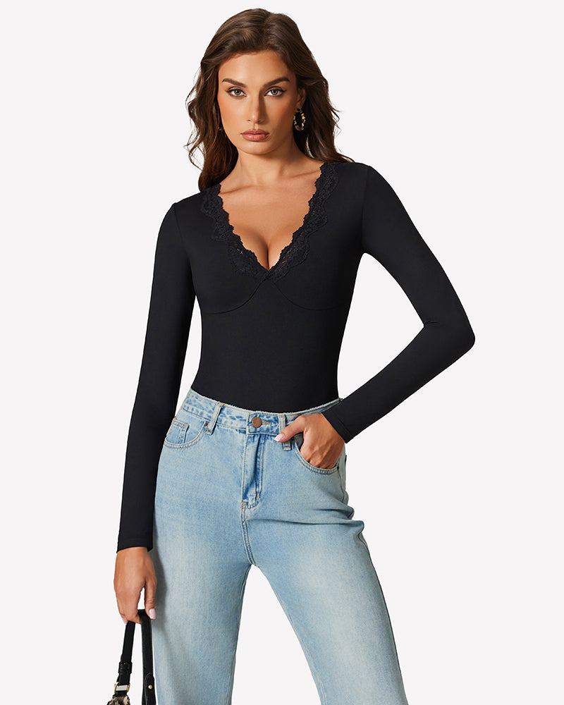 Black lace V-neck long-sleeve leotard, worn under jeans at waist