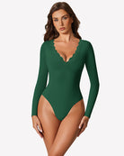 Green long-sleeve lace V-neck leotard with scalloped lace neckline