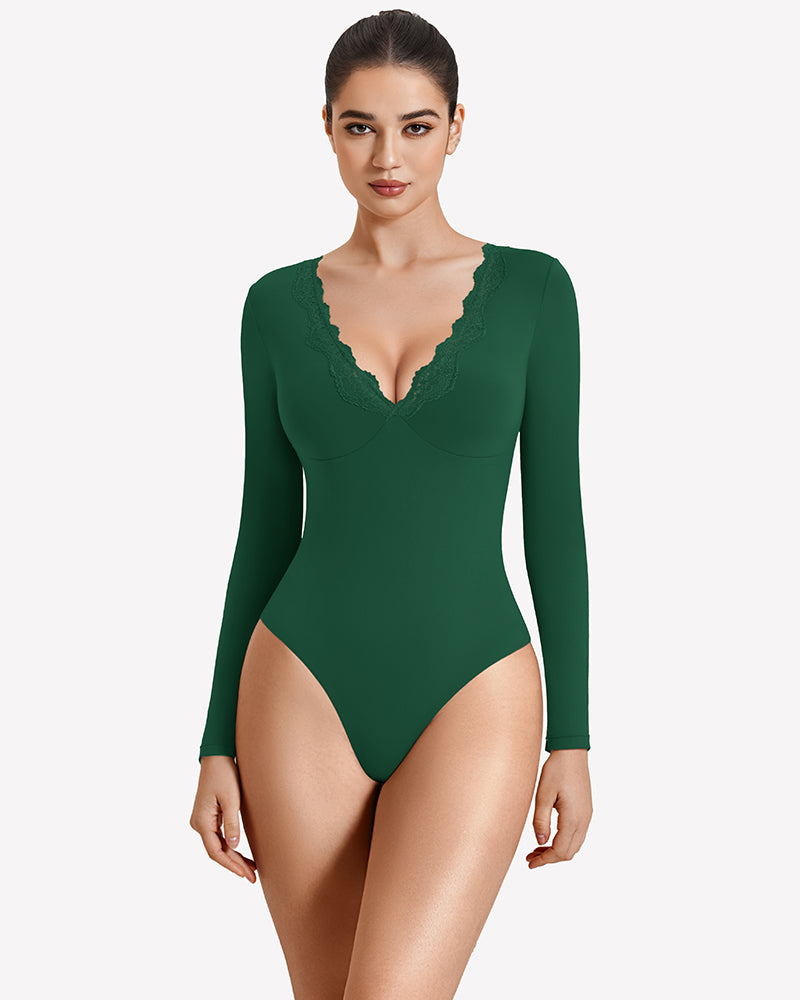 Green long-sleeve lace V-neck leotard with fitted stretch fabric