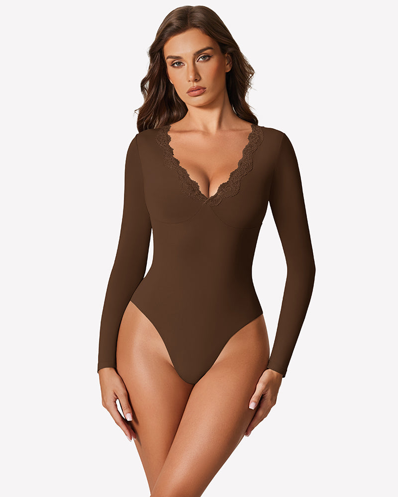 Brown long-sleeve lace V-neck leotard with scalloped neckline lace