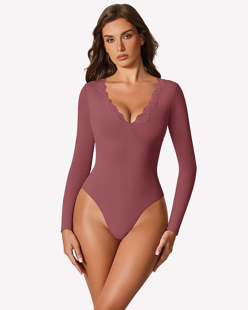 Purple long-sleeve lace V-neck leotard with scalloped lace neckline