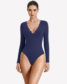 Navy long-sleeve lace V-neck leotard bodysuit with scalloped neckline