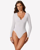 White long-sleeve lace V-neck leotard bodysuit with scalloped lace trim
