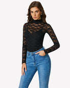 Long-sleeve lace bodysuit with high neckline, black sheer lace top and bodysuit