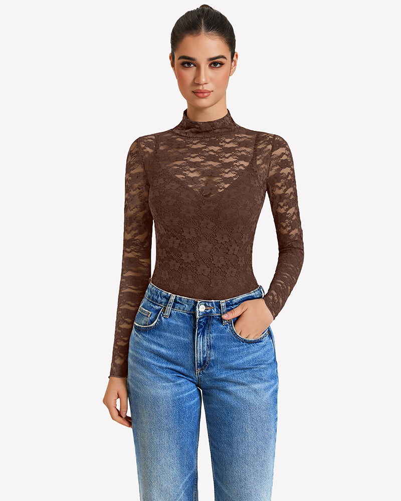 Long-sleeve lace bodysuit with high neck, brown lace texture overlay
