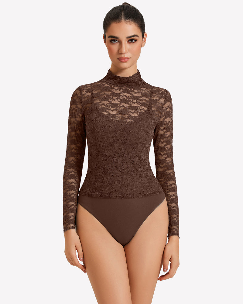 Long-sleeve lace bodysuit with high neck and thong cut, brownish-purple tone