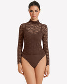 Long-sleeve lace bodysuit with high neck and thong cut, brownish-purple tone