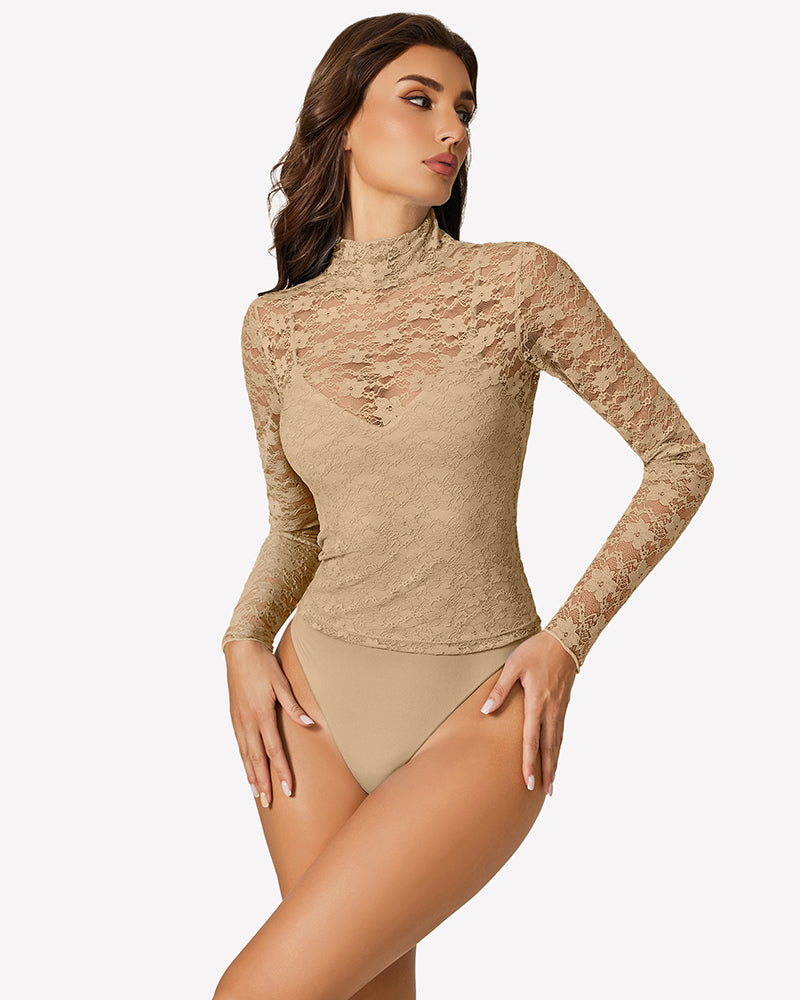 Long-sleeve lace bodysuit with high neck and thong cut, beige lace