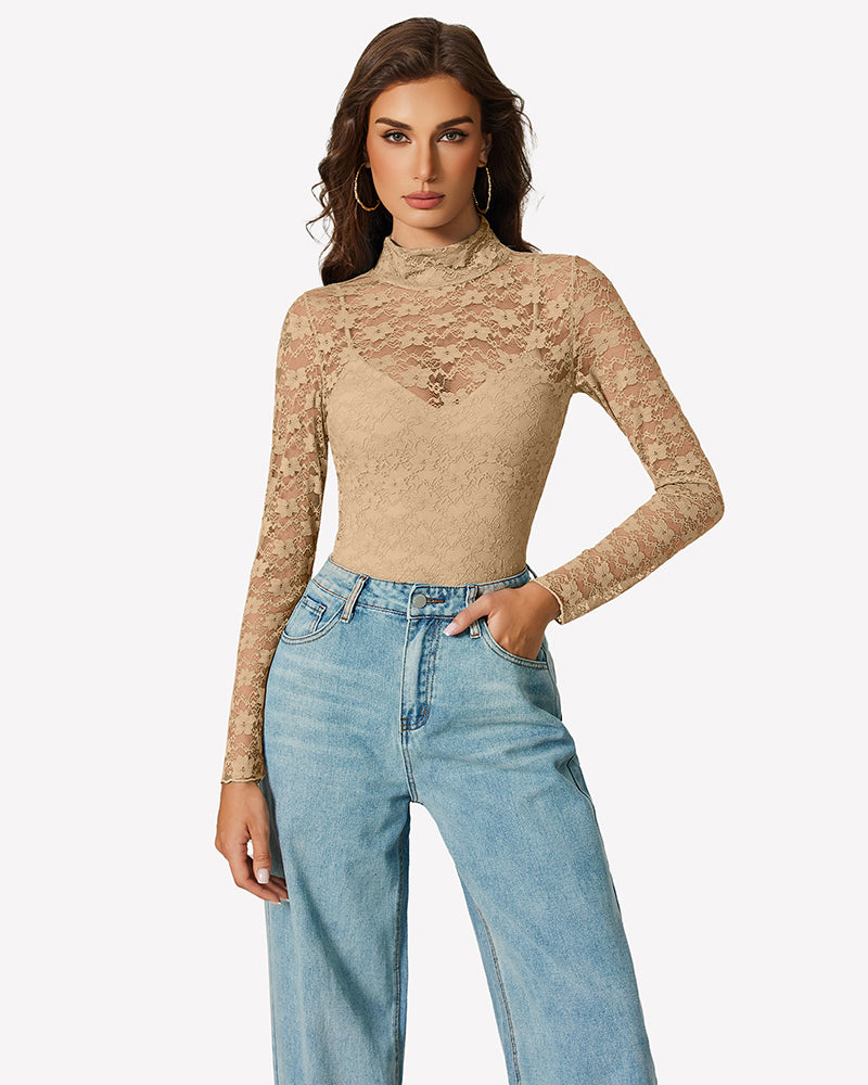 Long-sleeve lace bodysuit with high neck and fitted thong cut, beige tone
