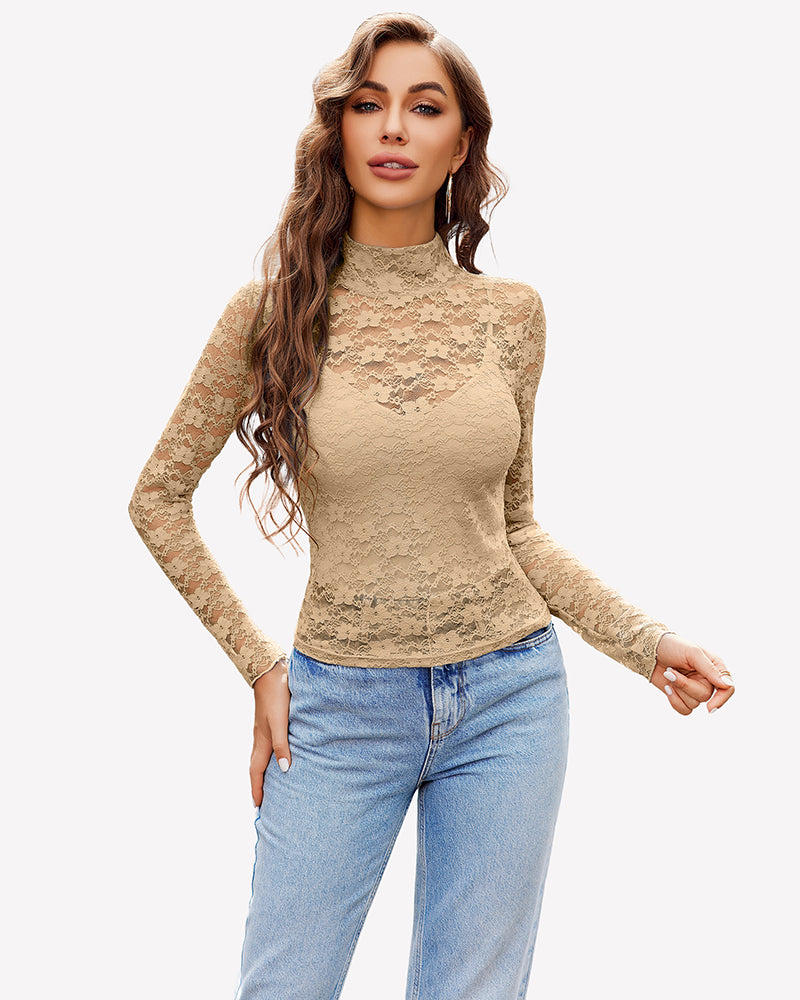 Long-sleeve lace bodysuit with high neck and thong cut, beige lace texture