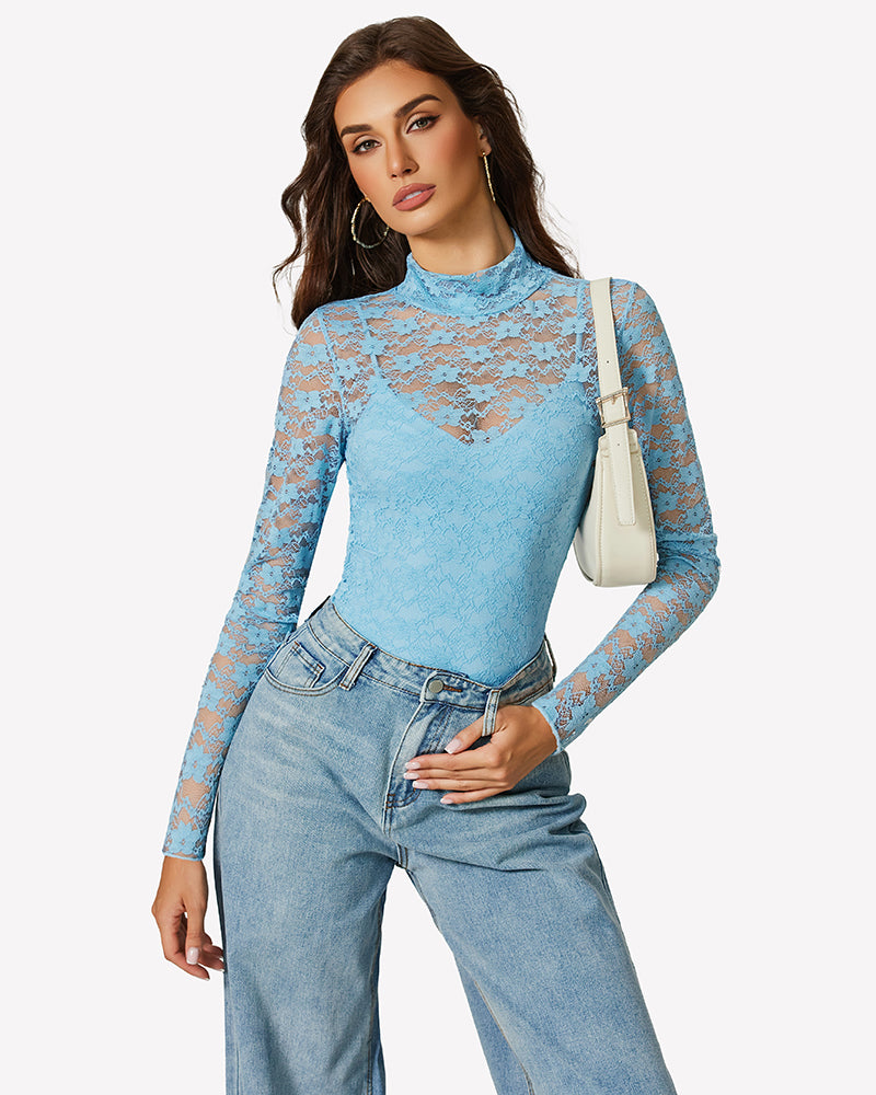 Long-sleeve lace bodysuit with high neck and fitted thong cut, light blue