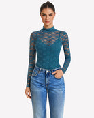 Blue long-sleeve lace bodysuit with high neckline and thong bottom