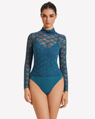 Teal long-sleeve lace bodysuit with high neck and matching thong bottom